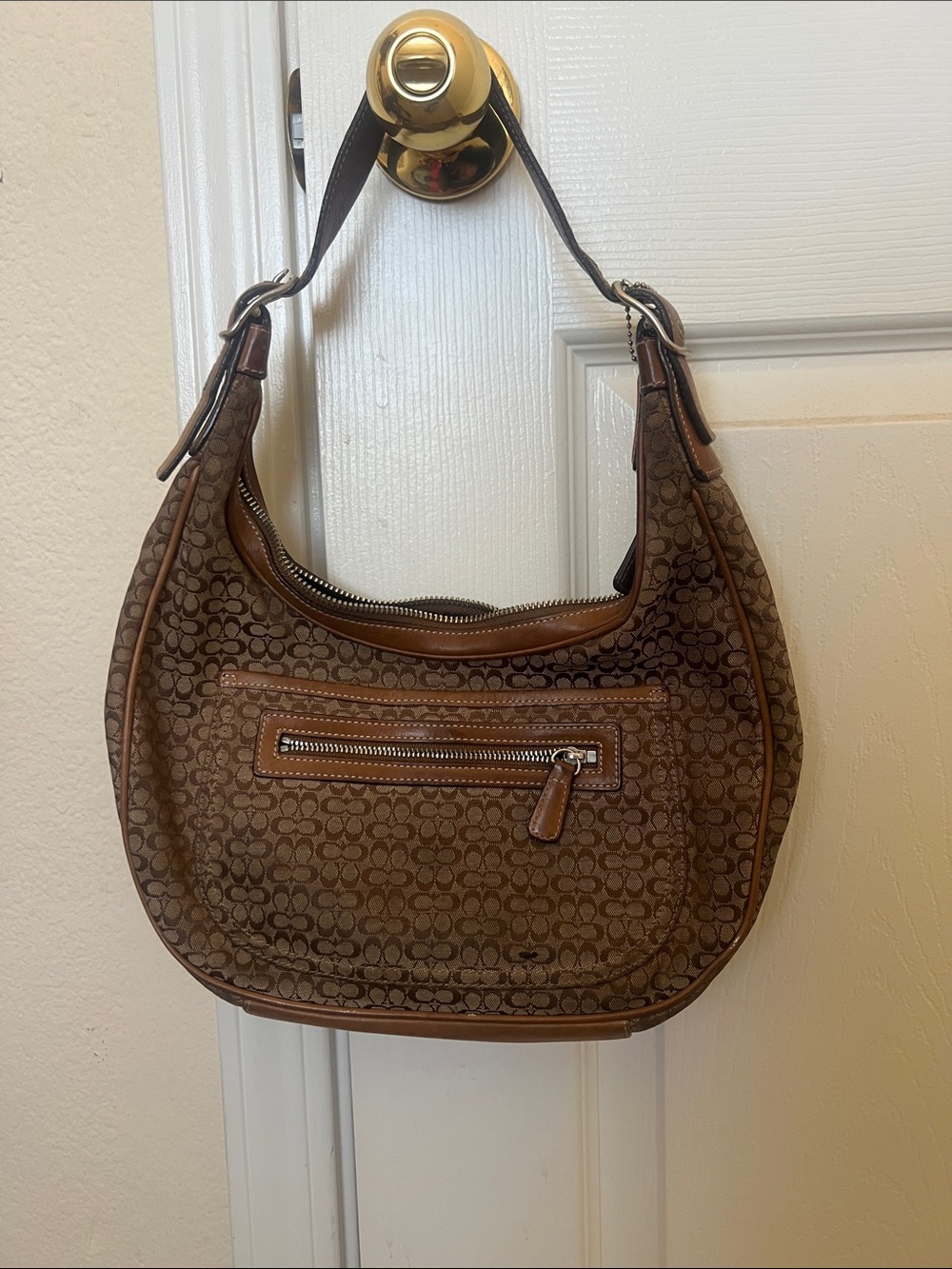 Coach Brown Signature Canvas Shoulder Bag with Leather Trim circa 2002